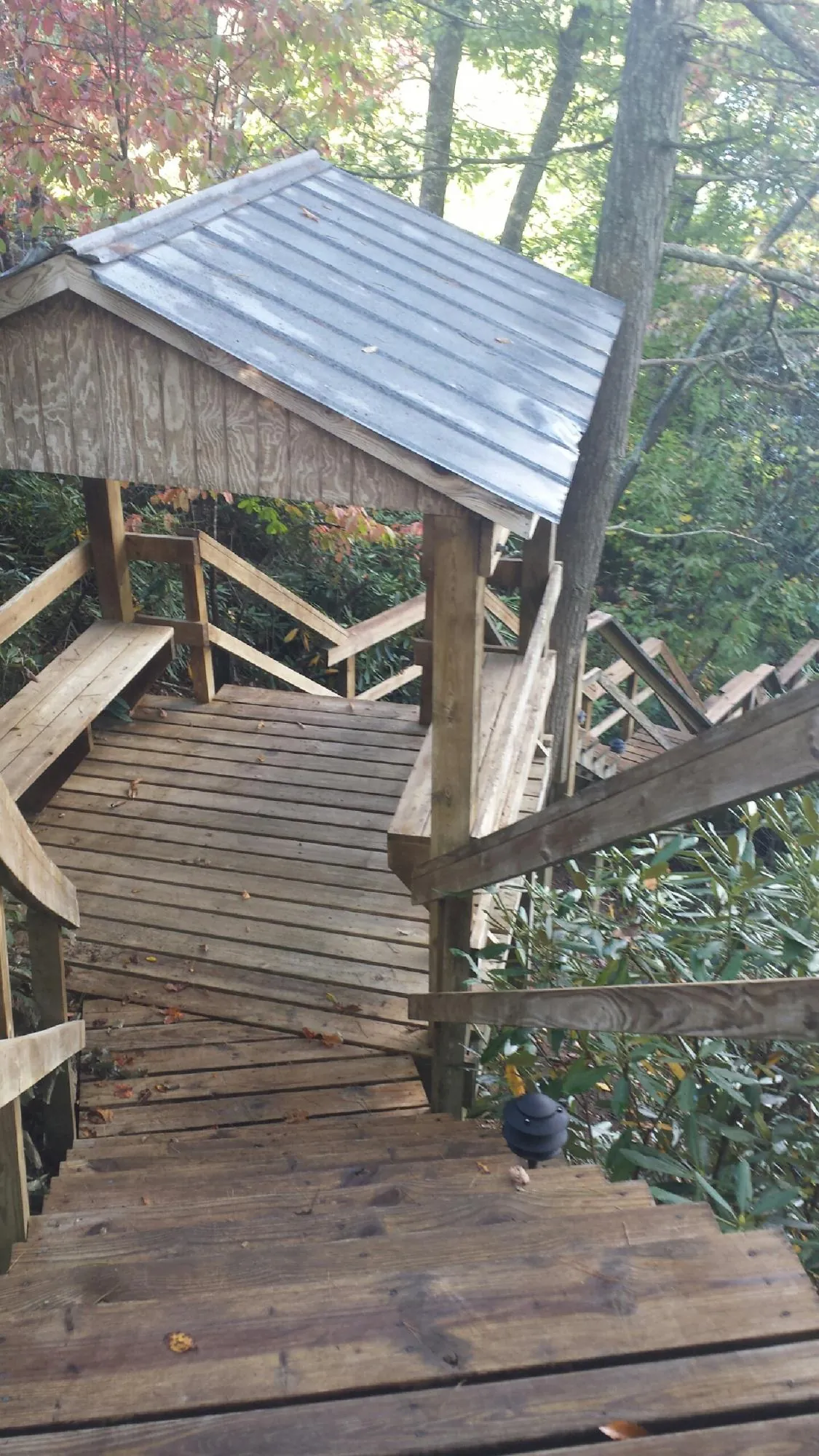 Metal roofed shelter over wooden steps on a wooded walkway — Skylight Repair & Installation work by our crew in Matthews